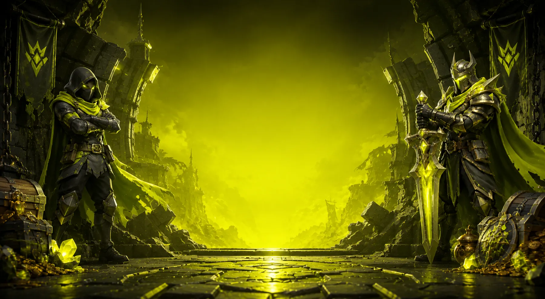EpicVaultZone fantasy guardians standing among glowing ruins